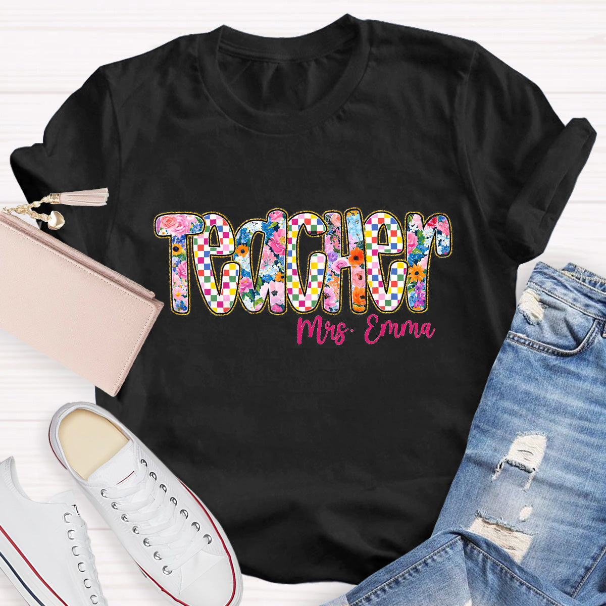 Personalized Name Pink Flowers  Teacher T-Shirt
