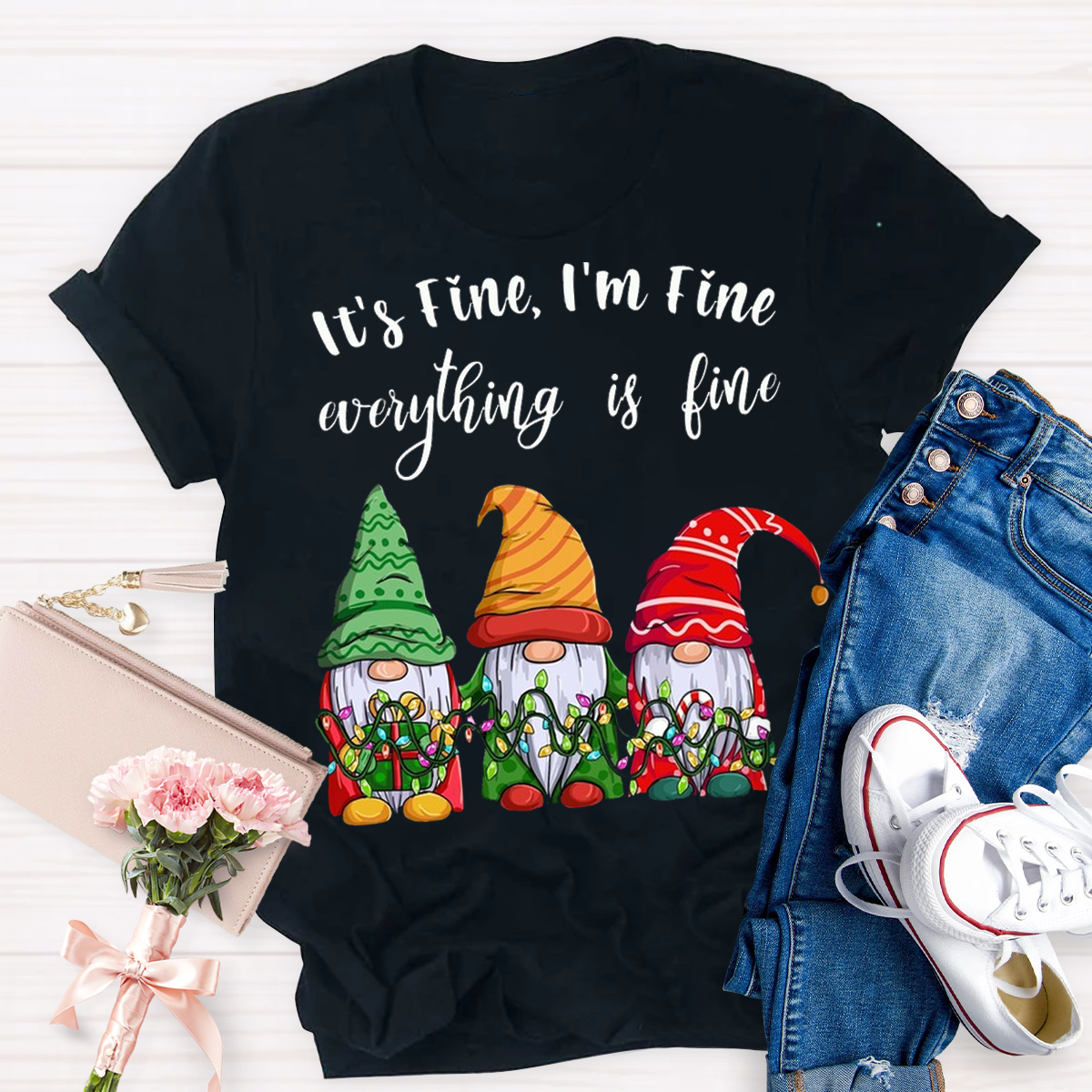 It's Fine I'm Fine Everything Is Fine Gnome Christmas Teacher T-Shirt