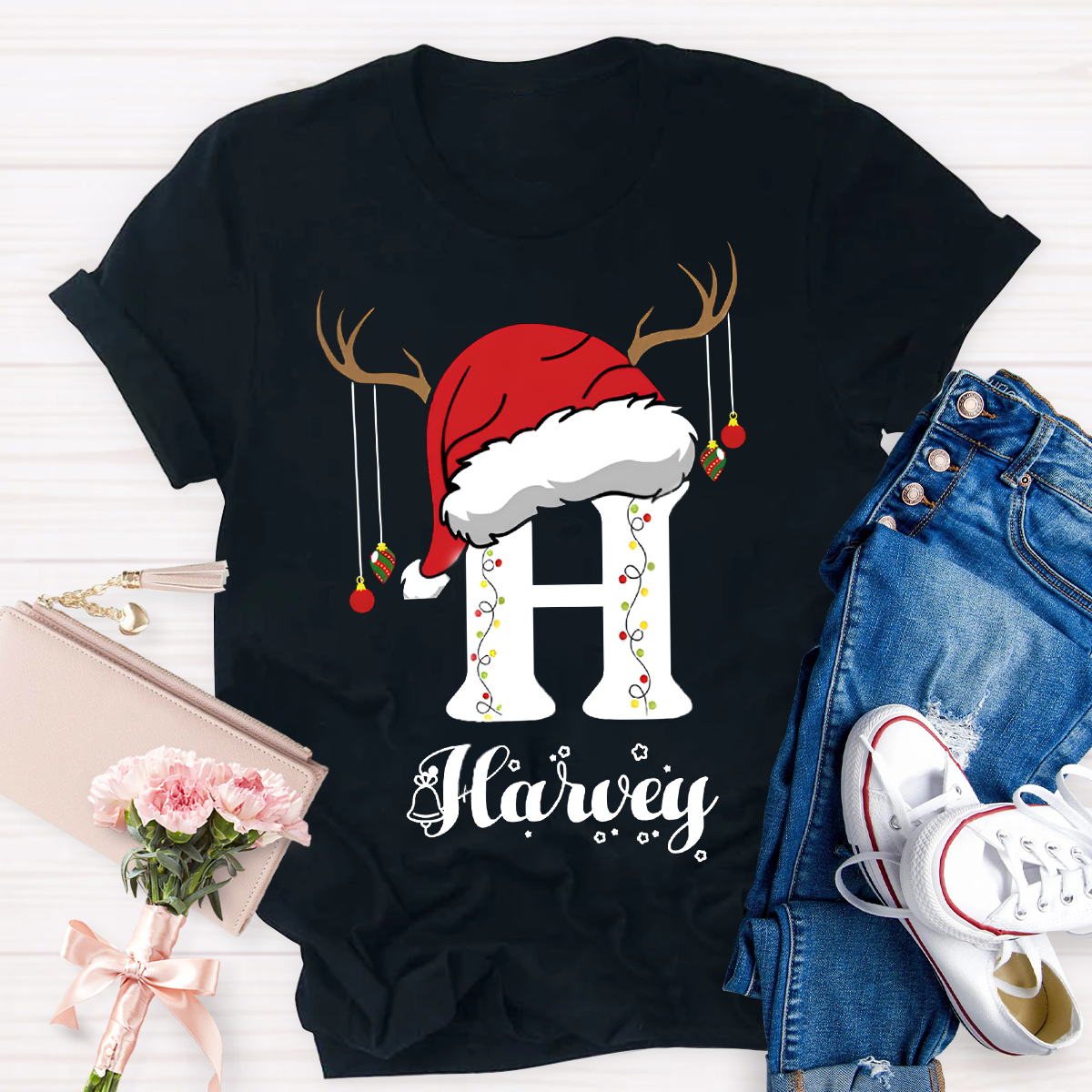 Personalized Name Santa Hat Teacher T-Shirt