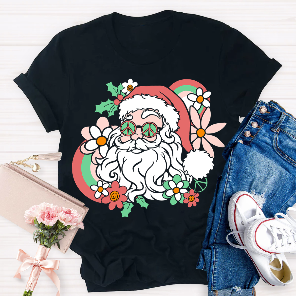 Hippie Santa Groovy Peace Christmas Teacher T-Shirt