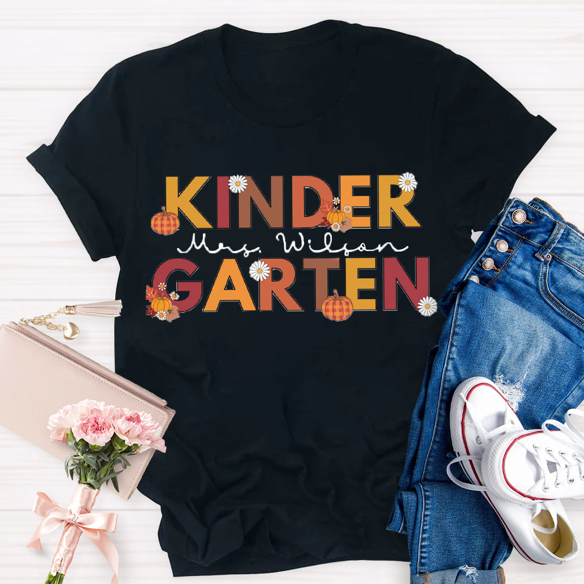 Personalized Name Fall Thanksgiving Kindergarten Teacher T-Shirt