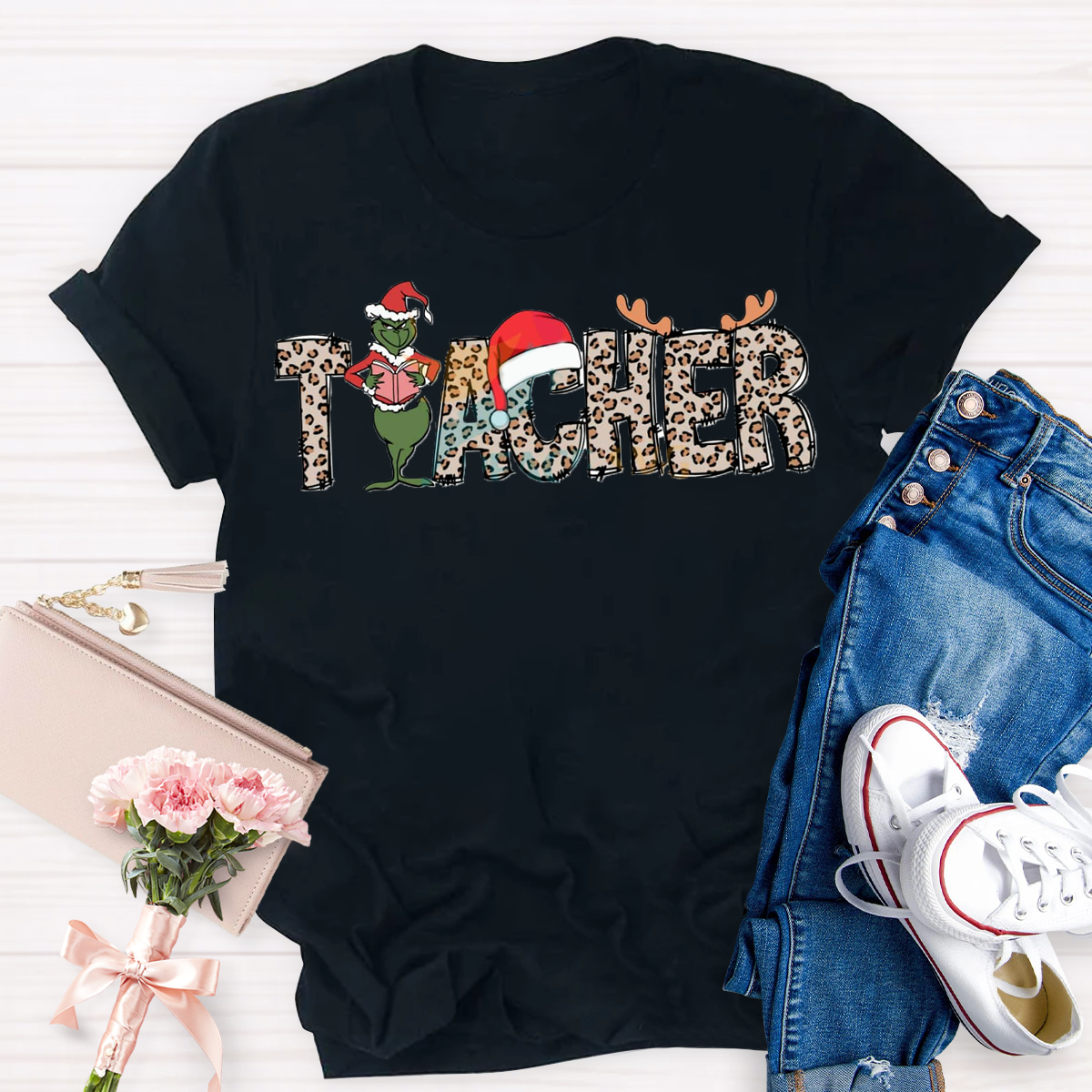 Christmas Leopard Teacher Grinch T-Shirt