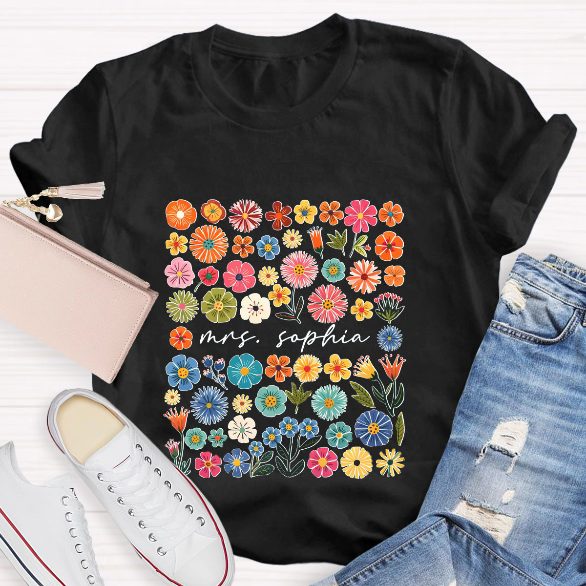 Personalized Name Pink Flowers Teacher T-Shirt