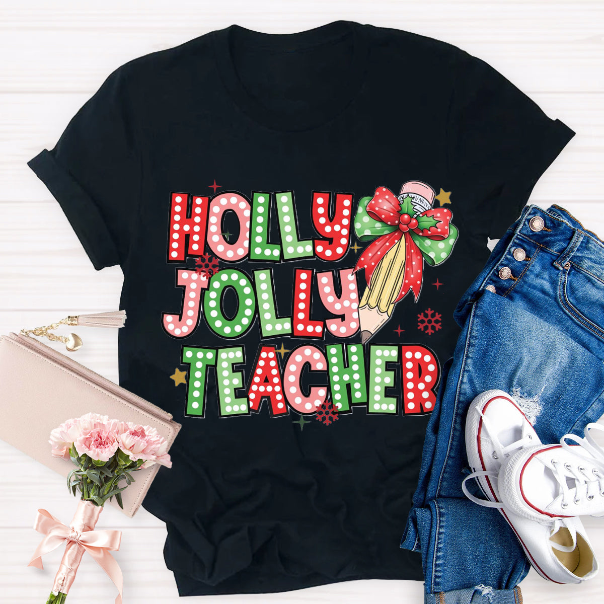 Holly Jolly Teacher Christmas Pencil T-Shirt