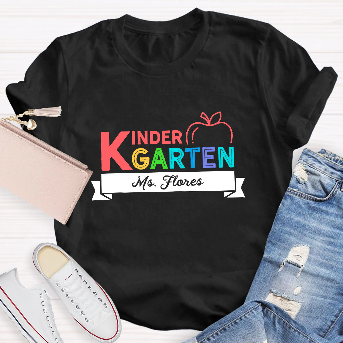 Personalized Kindergarten Teacher's Name  Apple Printed T-Shirt