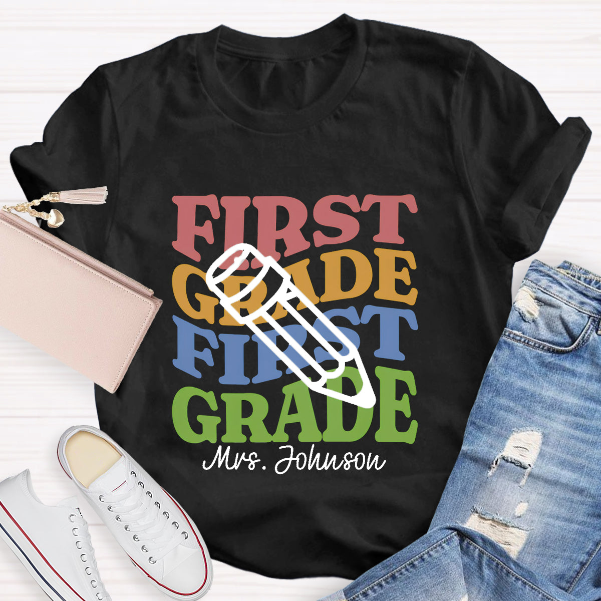 Personalized Teacher Grade And Name Pencil Back To School T-Shirt