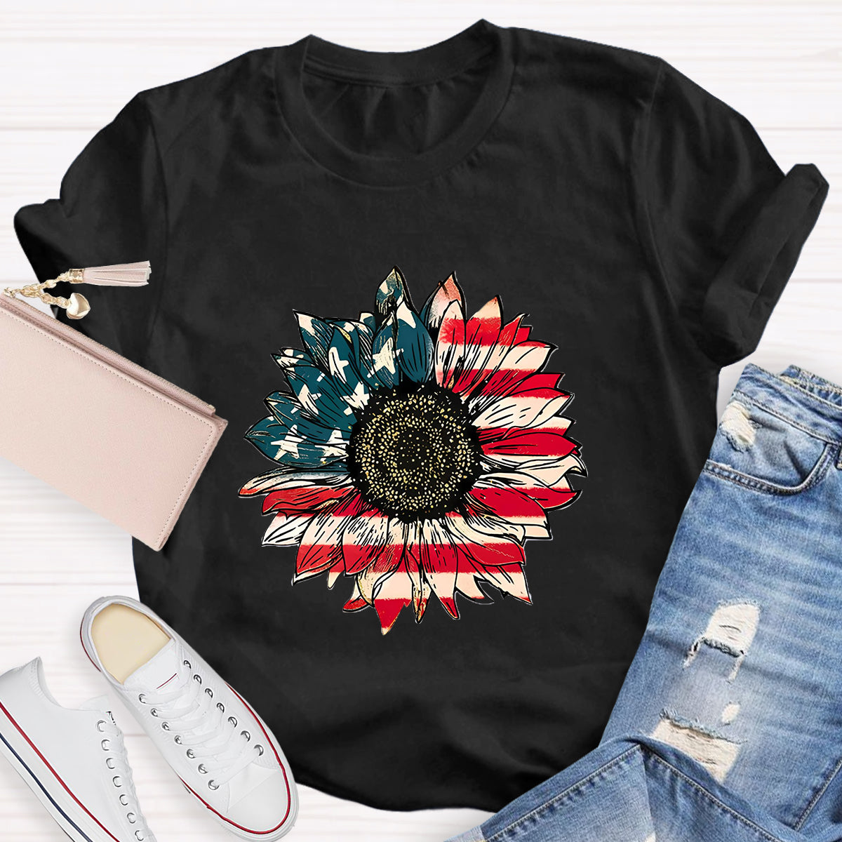 US Flag Flower Teacher T-Shirt