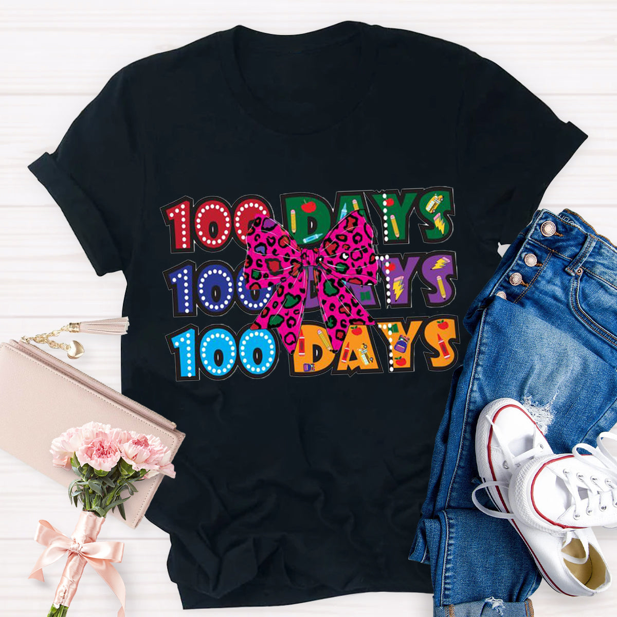 100 Days  Bow Teacher T-Shirt