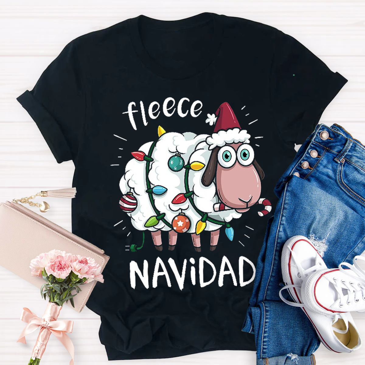 Feliz Navidad Sheep Fleece Funny Christmas Lights Teacher T-Shirt