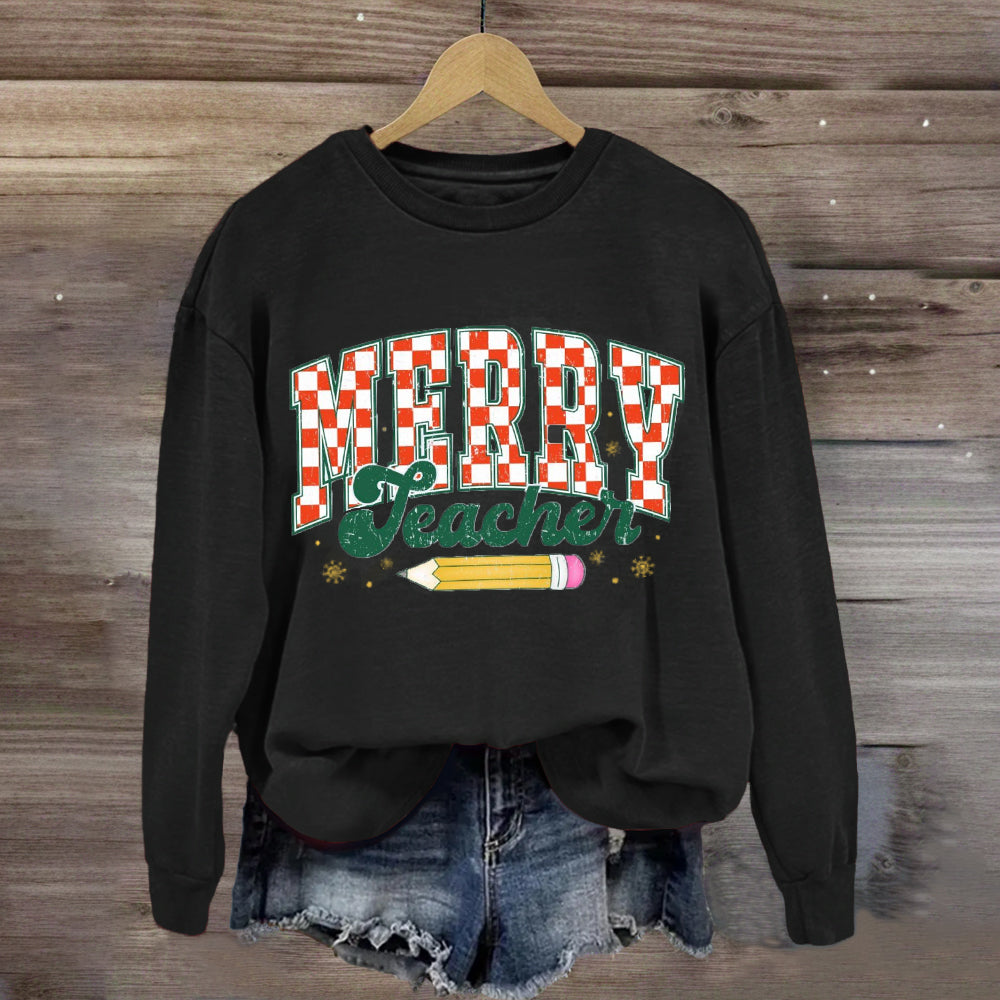 Merry Teacher Plaid Pencil Sweatshirt