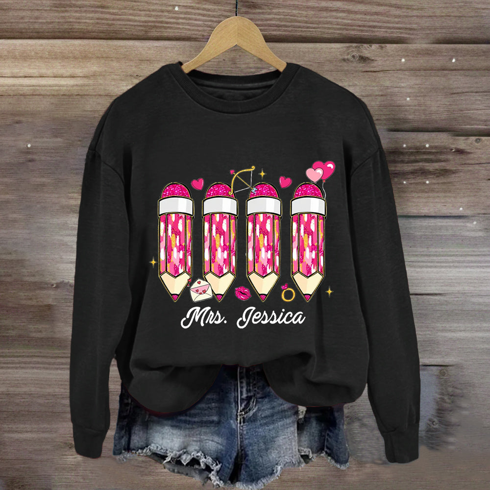 Personalized Name Pink Pencil Teacher Sweatshirt