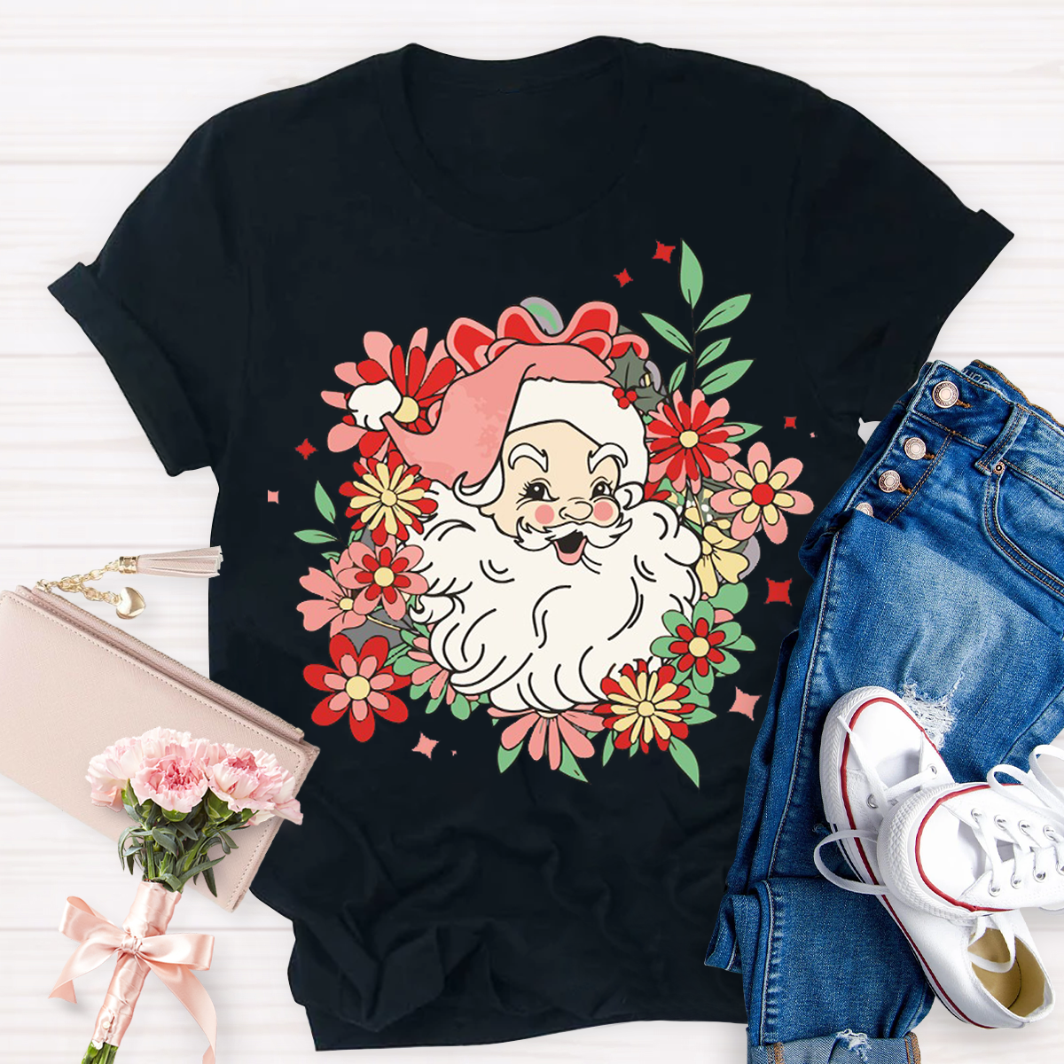 Flower Design Santa Christmas Teacher T-Shirt