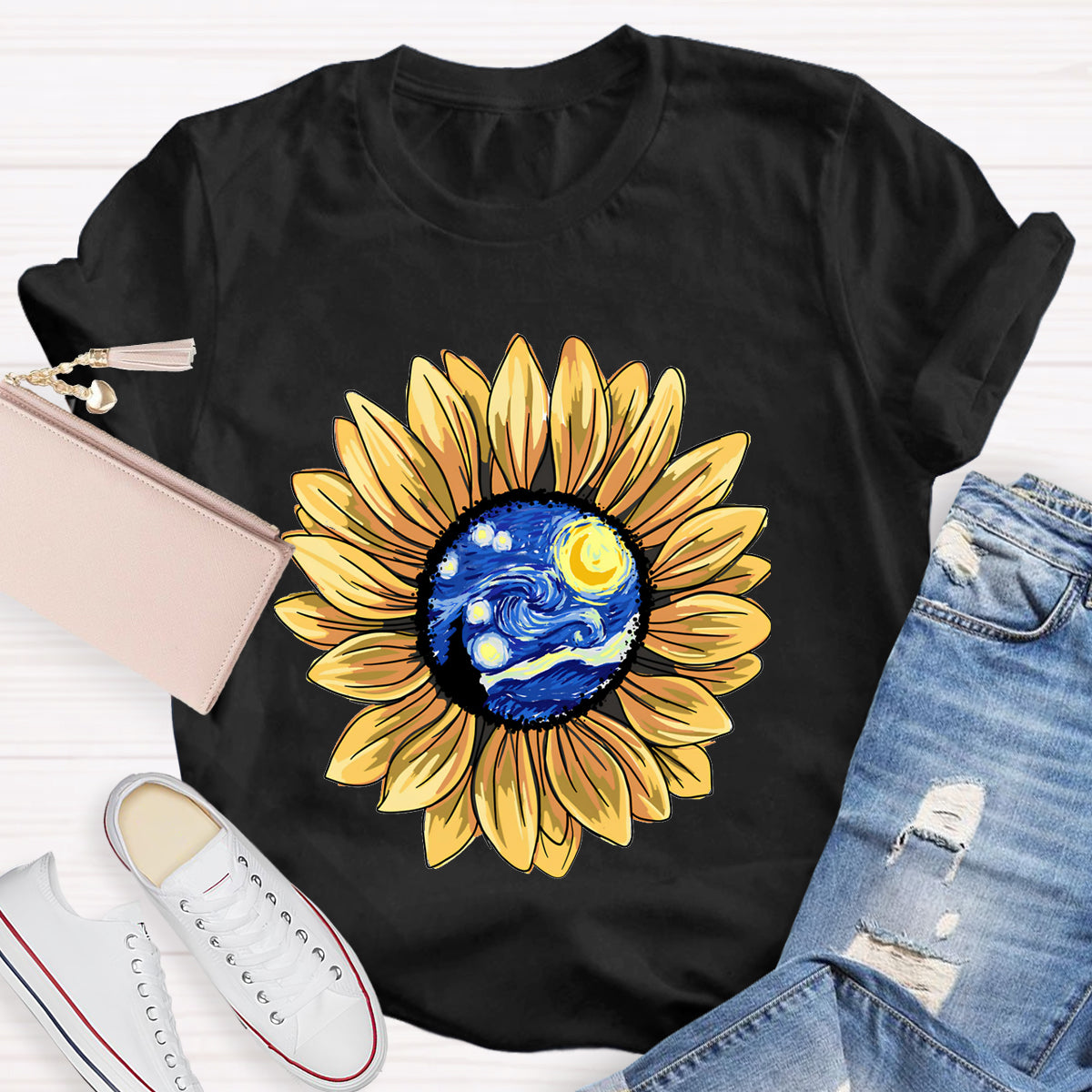 Starry Sky Art Sunflower Teacher T-Shirt
