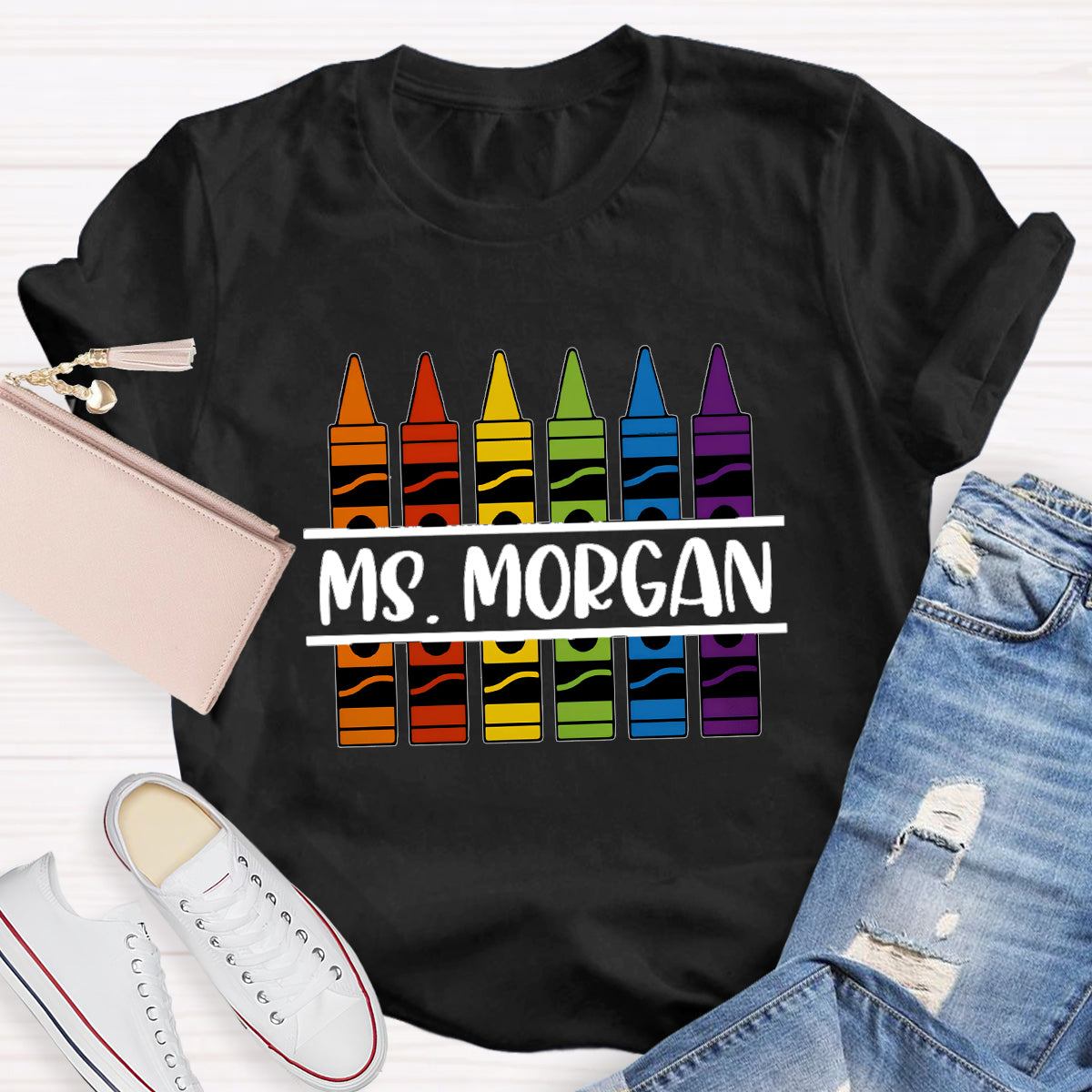 Personalized Name Crayon Printed Teacher T-shirt