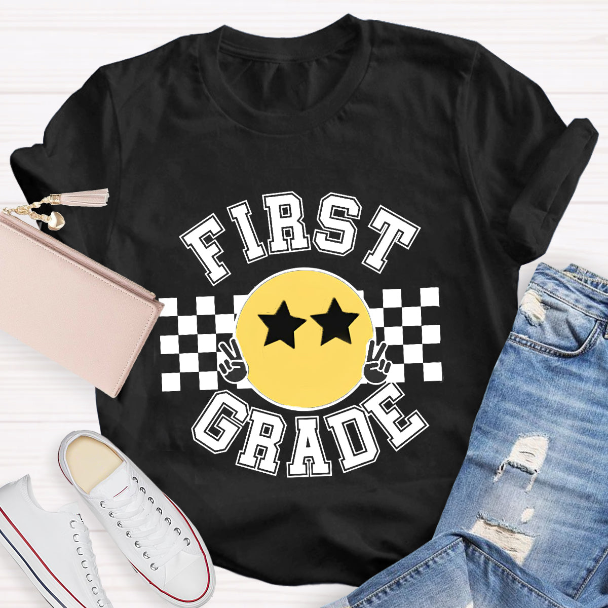 Personalized Grade Chessboard Pattern Teacher T-Shirt