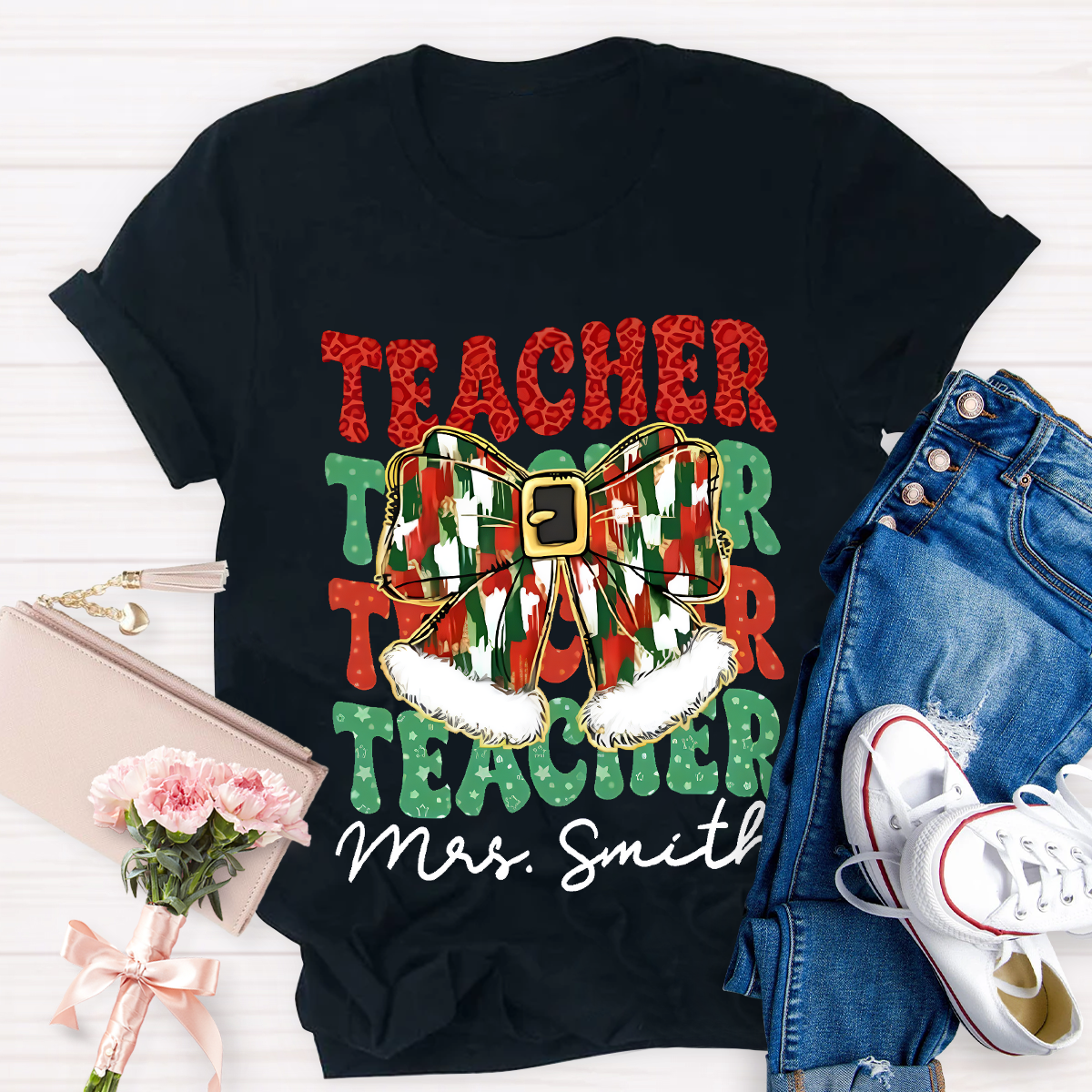 Personalized Name Bow Christmas Teacher T-Shirt