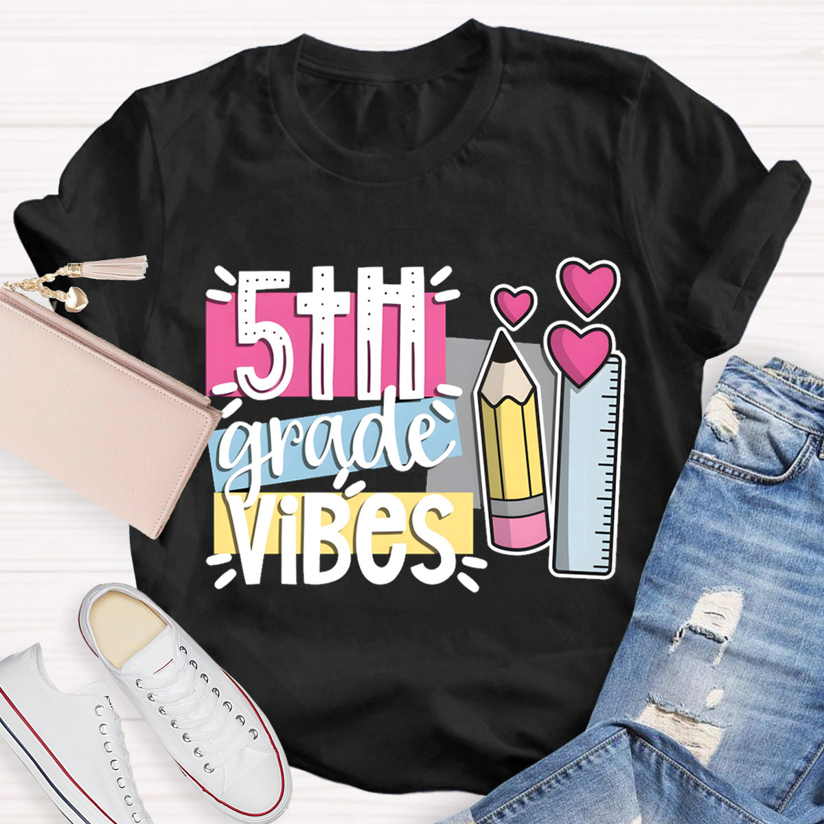 Personalized Grade 5th Grade Vibes Teacher T-Shirt