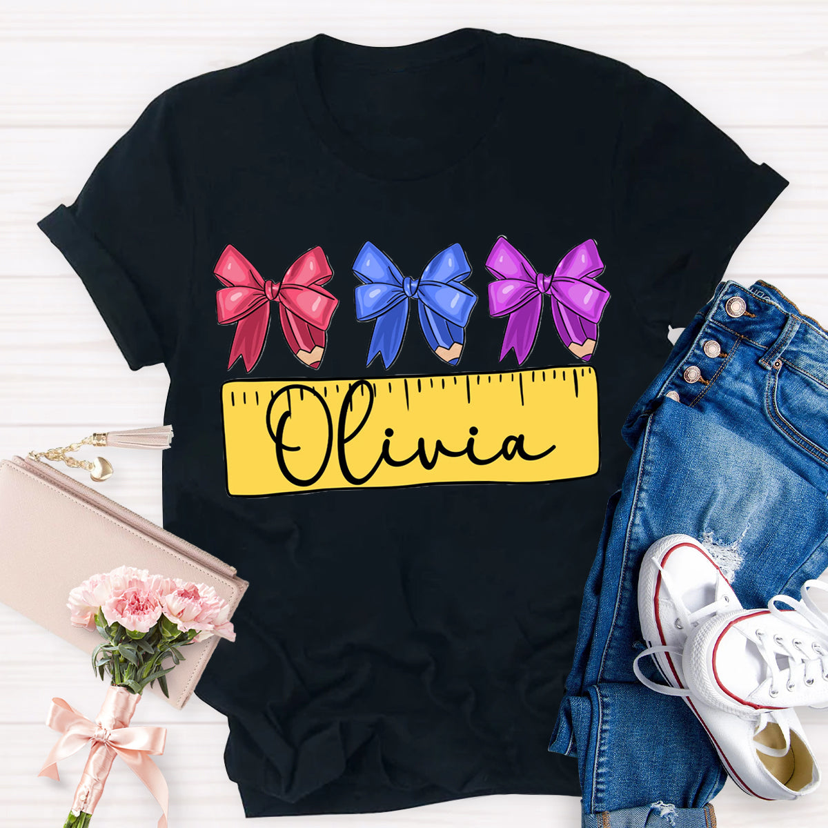 Personalized Name Bow Ruler Print Teacher T-Shirt