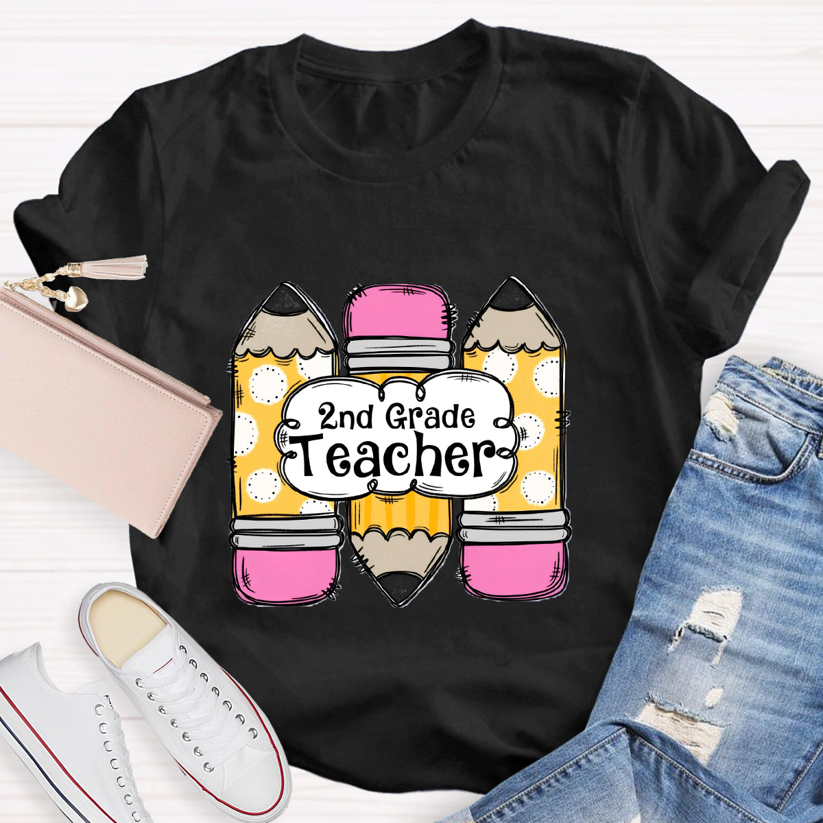 Personalized Grade Pink Pencil Printed 2nd Grade Teacher T-Shirt