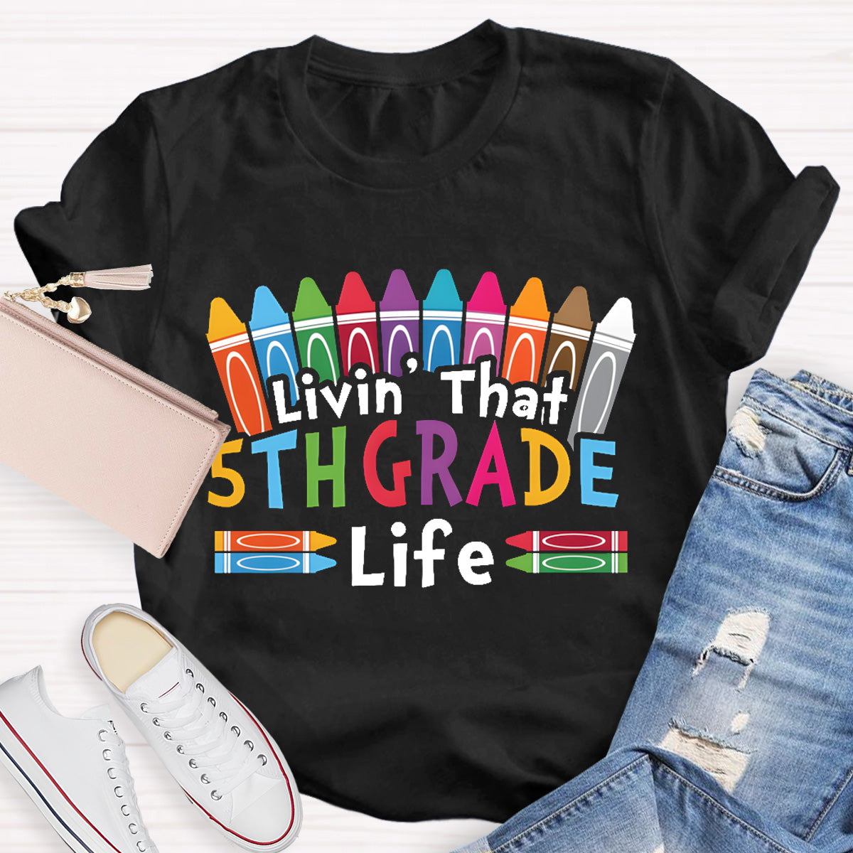 Personalized Grade Livin That 5th Grade Life Teacher T-Shirt
