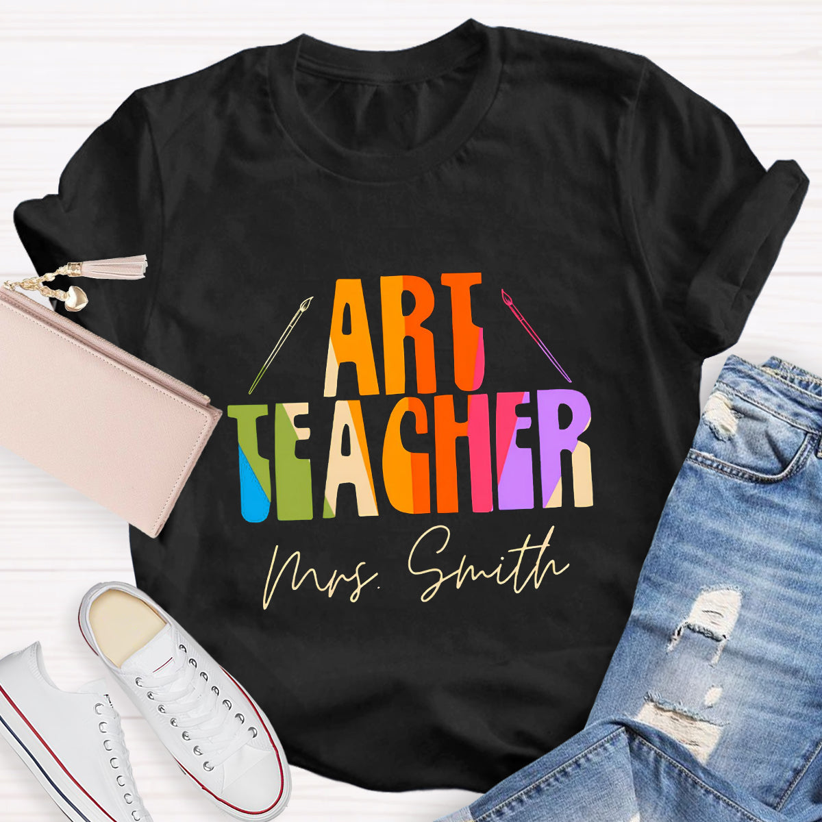 Personalized Name And Art Simple Color Teacher T-Shirt