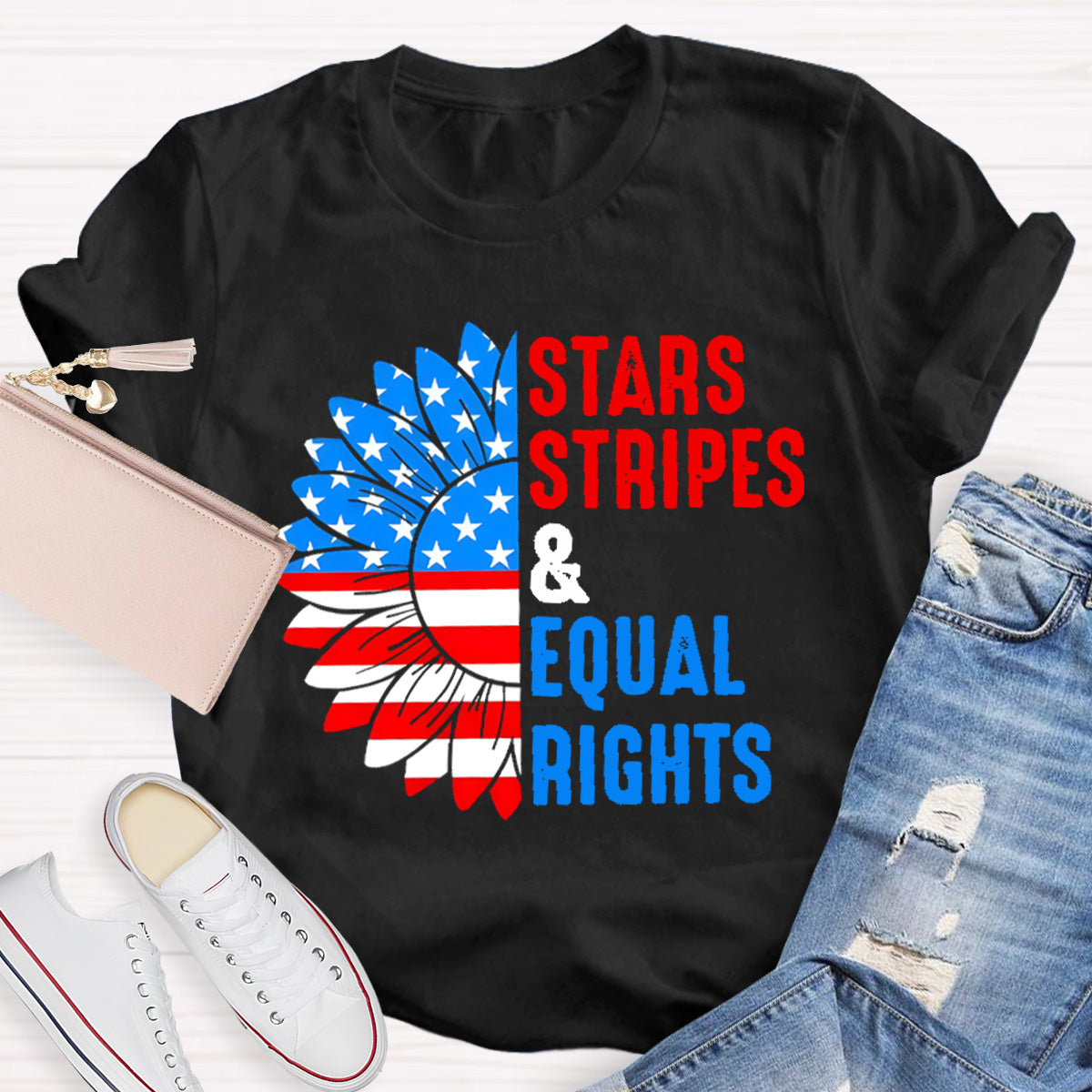 Stars Stripes And Equal Rights Sunflower Teacher T-Shirt