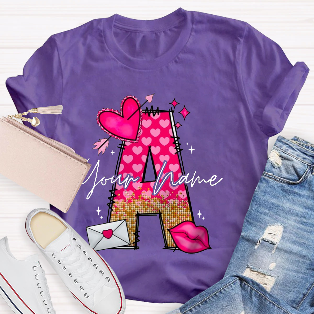 Personalized Name Pink Heart Letter T-Shirt