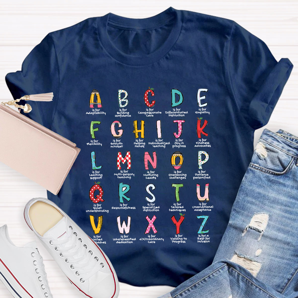 Colorful Plaid Design Alphabet Teacher T-Shirt