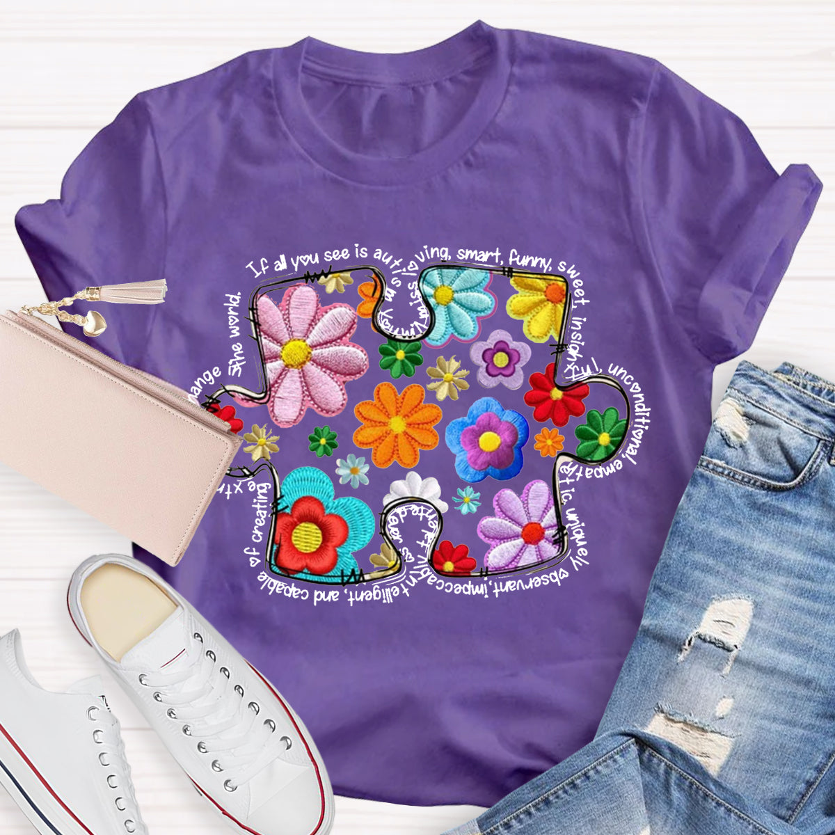 Floral Puzzle Pieces Austim T-Shirt