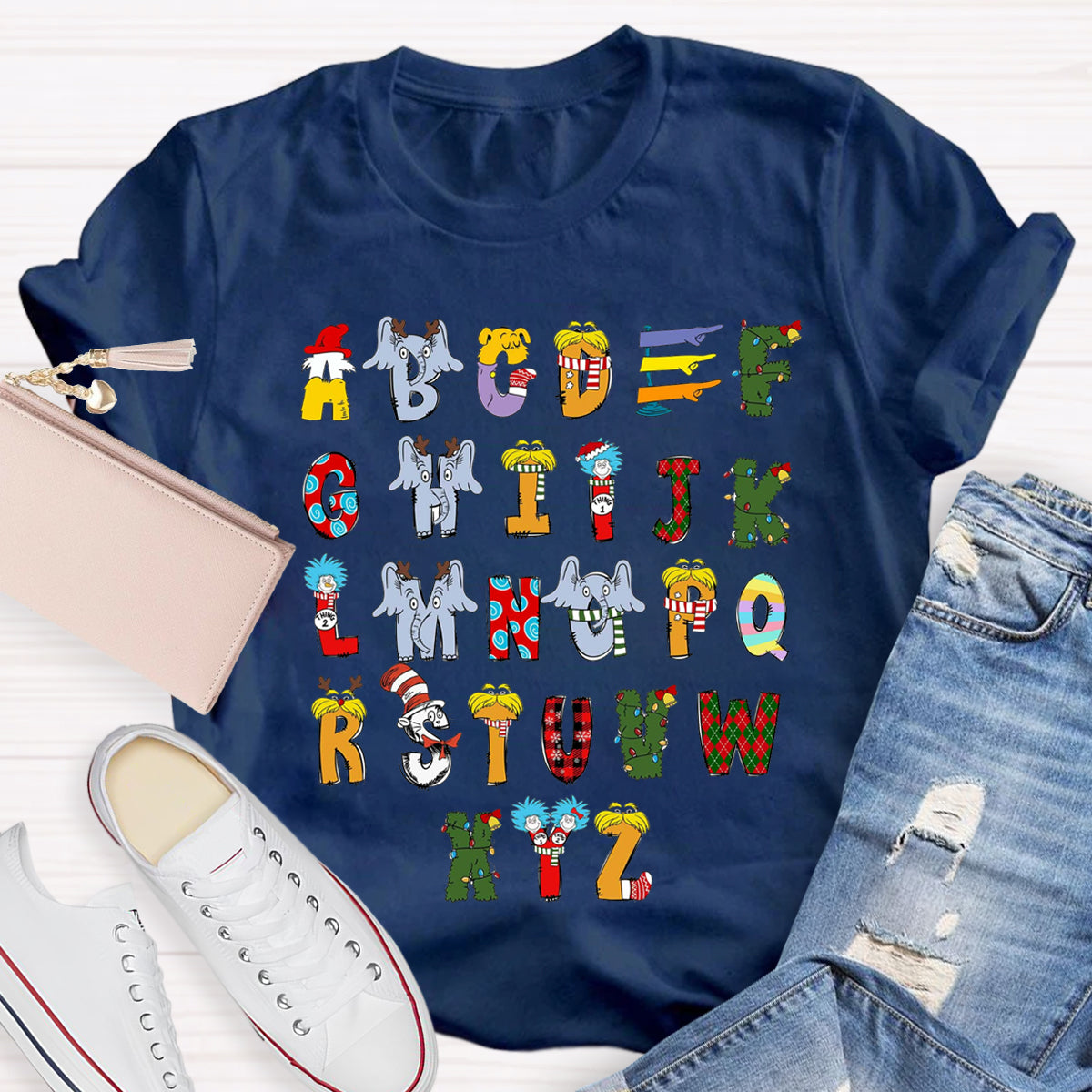 Christmas Doodle Alphabet Cat In The Hat Children's Book Teacher T-Shirt