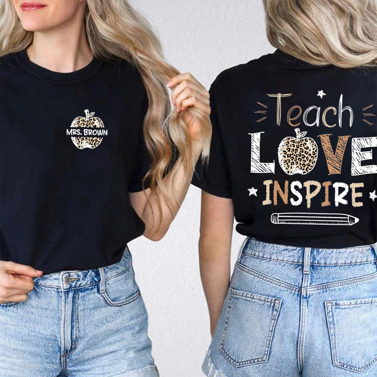 Personalized Name Teach Love Inspire Leopard Apple  Double Printed T-shirt