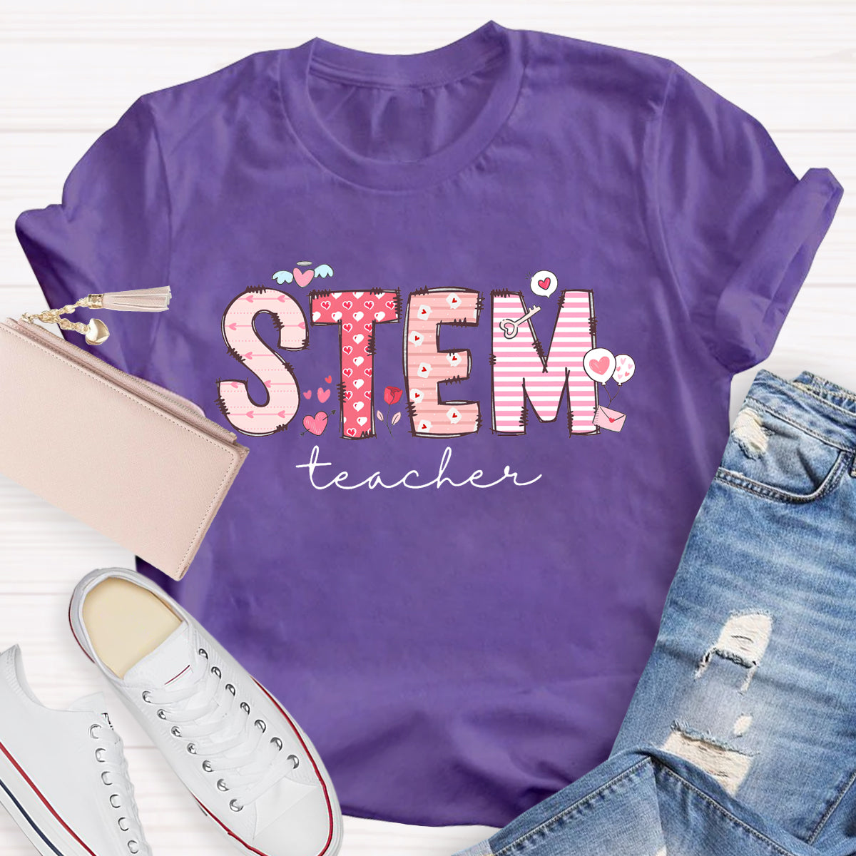 STEM Teacher Pink Heart Printed T-Shirt