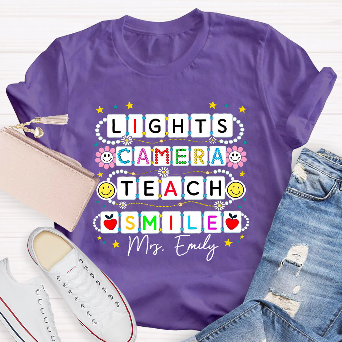 Personalized Name Lights Camera Teach Smile Teacher T-Shirt