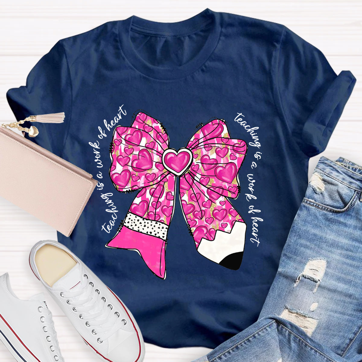 Teaching Is A Work Of Heart Pink Bow Teacher T-Shirt