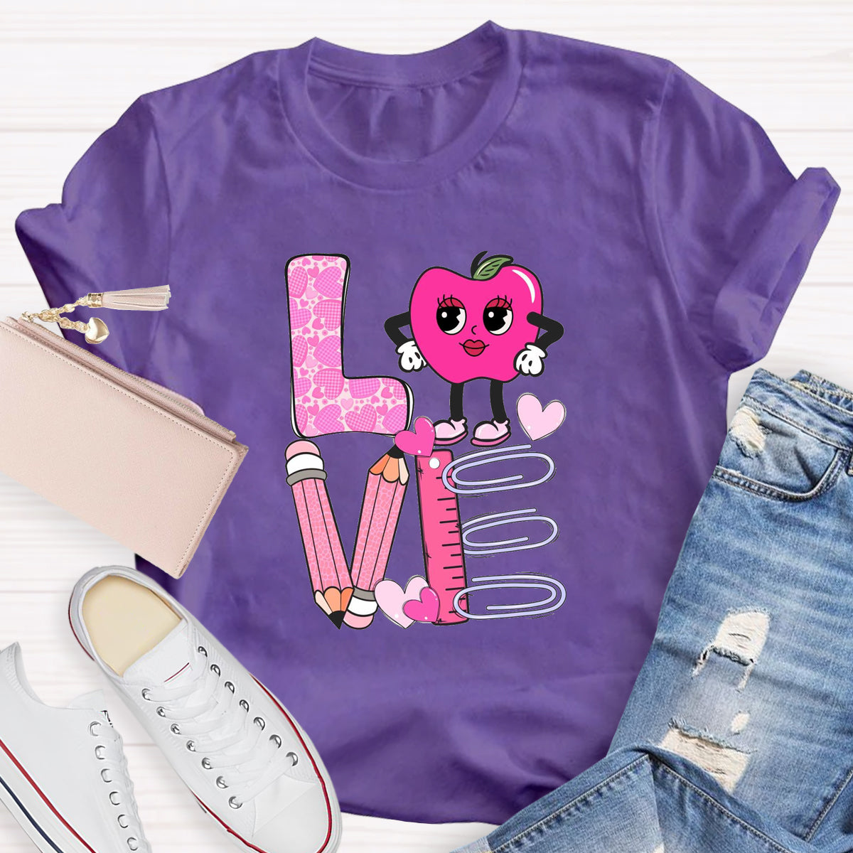 Pink Apple Love Teacher T-Shirt