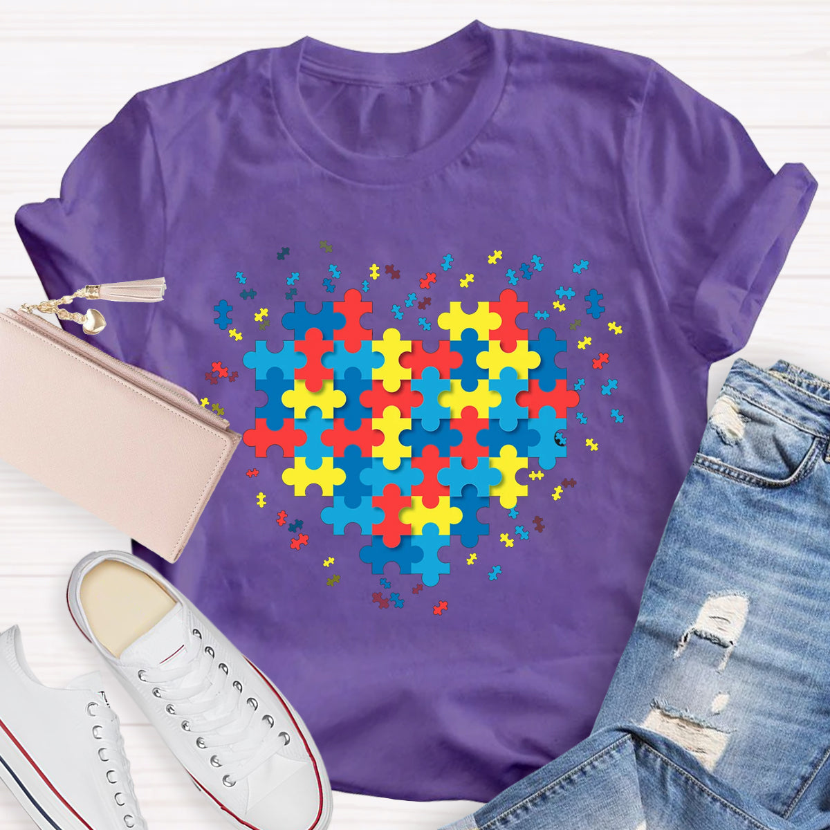 Autism Awareness Puzzle Colorful Heart T-Shirt