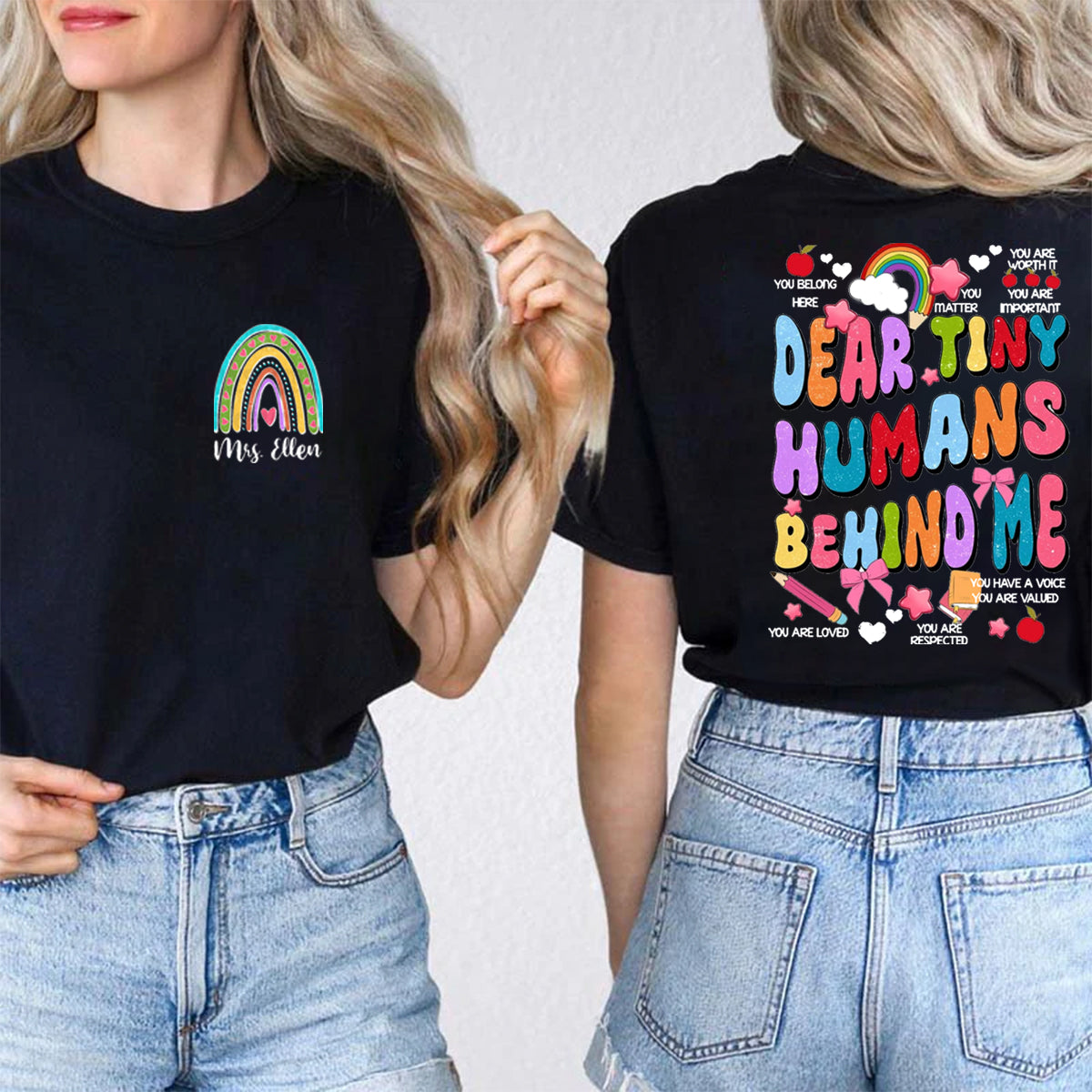 Personalized Name Rainbow Dear Tiny Human Behind Me Double Printed T-shirt