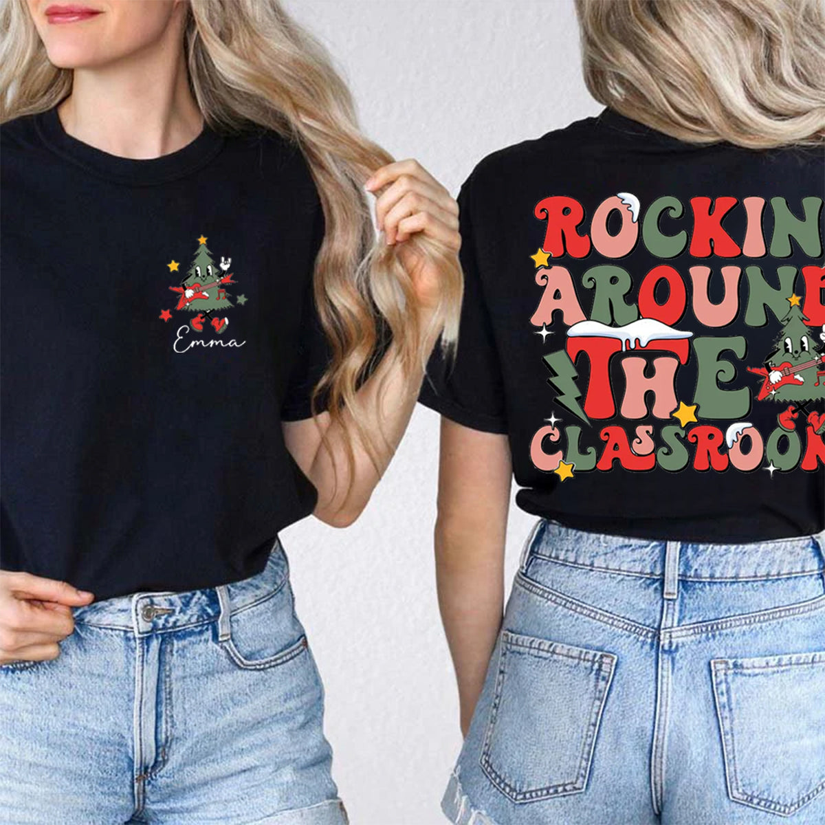 Personalized Name Rockin' Around The Classroom Double Printed T-shirt