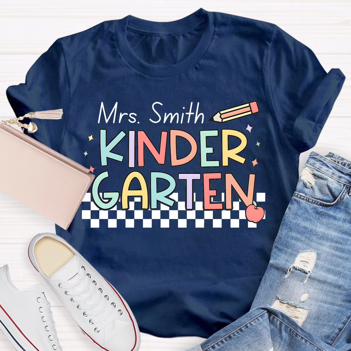 Personalized Name And Grade Checkerboard Teacher T-Shirt