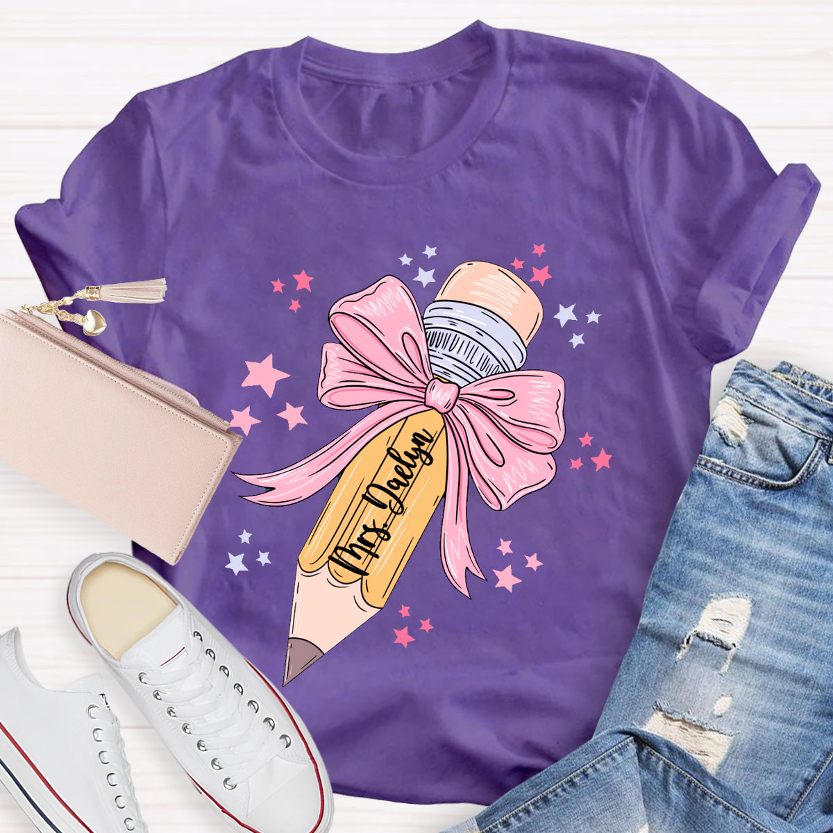 Personalized Name Pink Pencil Teacher T-Shirt