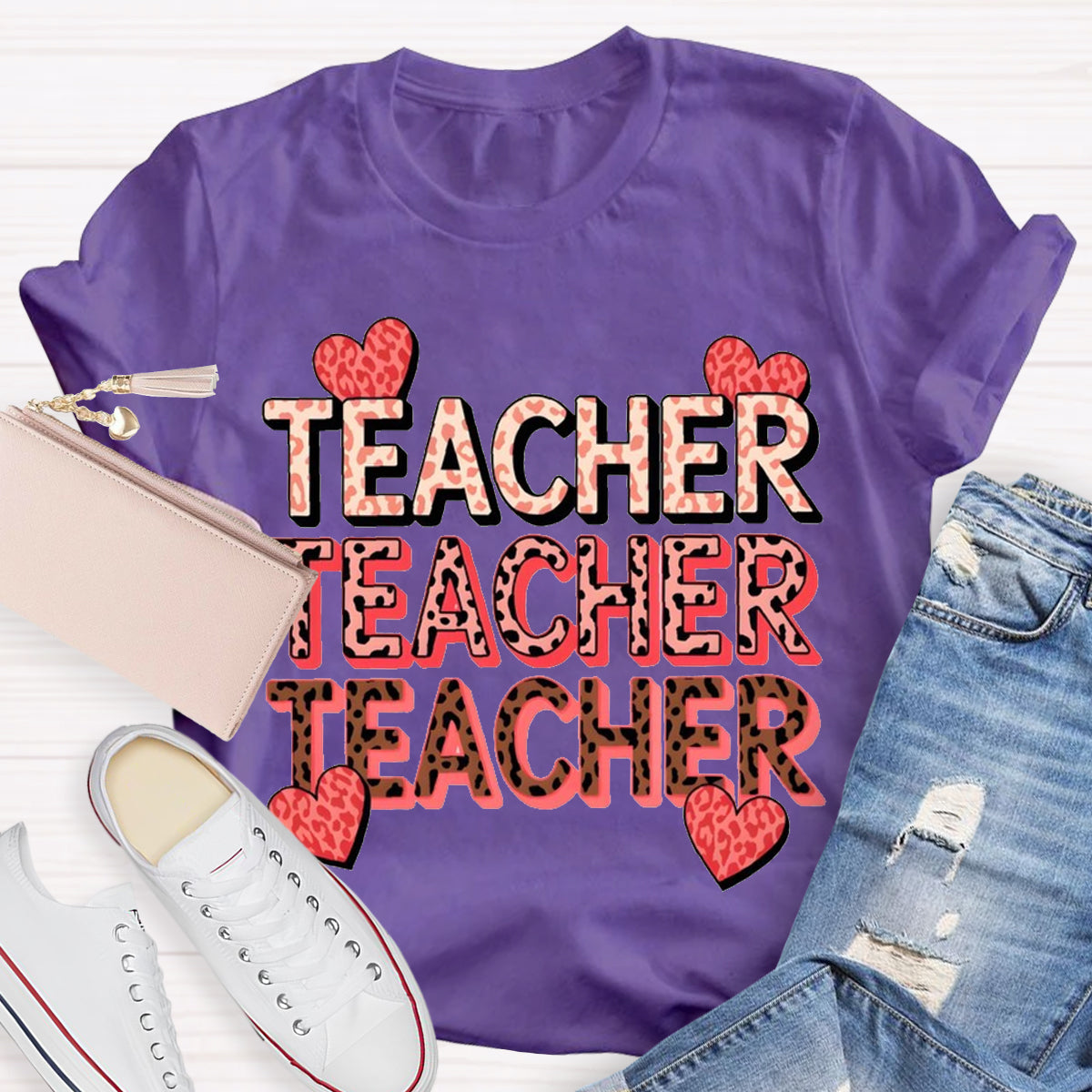 Pink Heart Valentine's Day Teacher T-Shirt