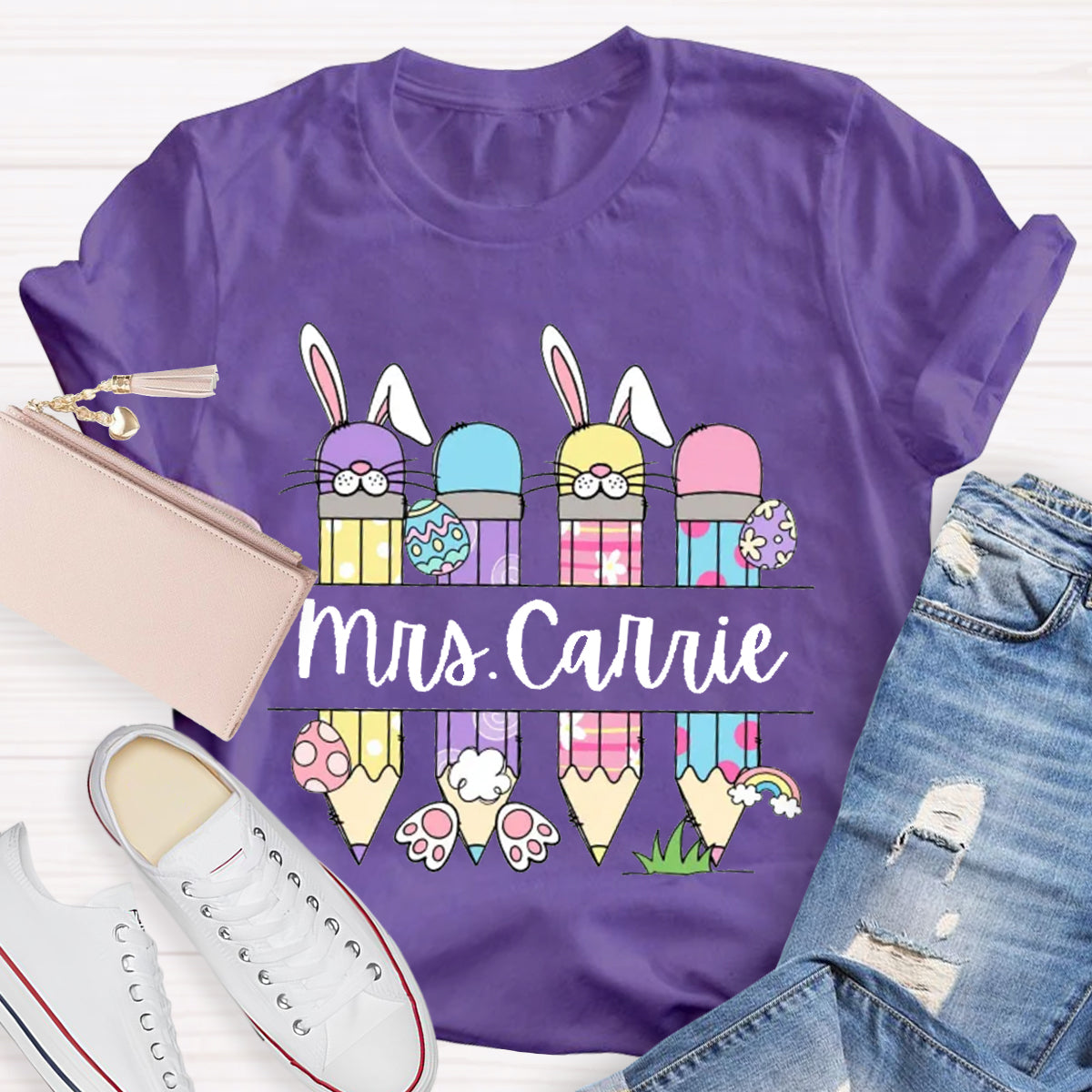 Personalized Name Bunny Teacher T-Shirt