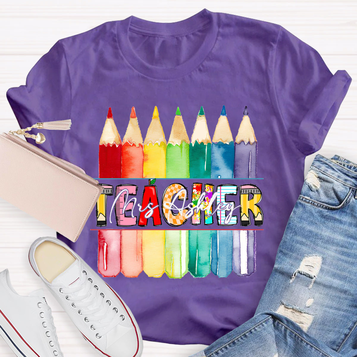 Personalized Teacher's Name Colorful Pencil T-Shirt