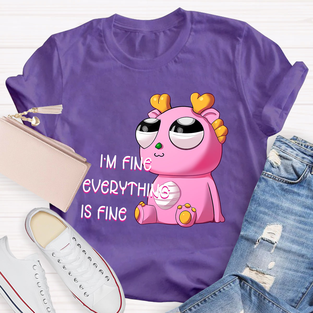 I'm Fine Everything is Fine  Pink Big Eyes Dragon T-Shirt