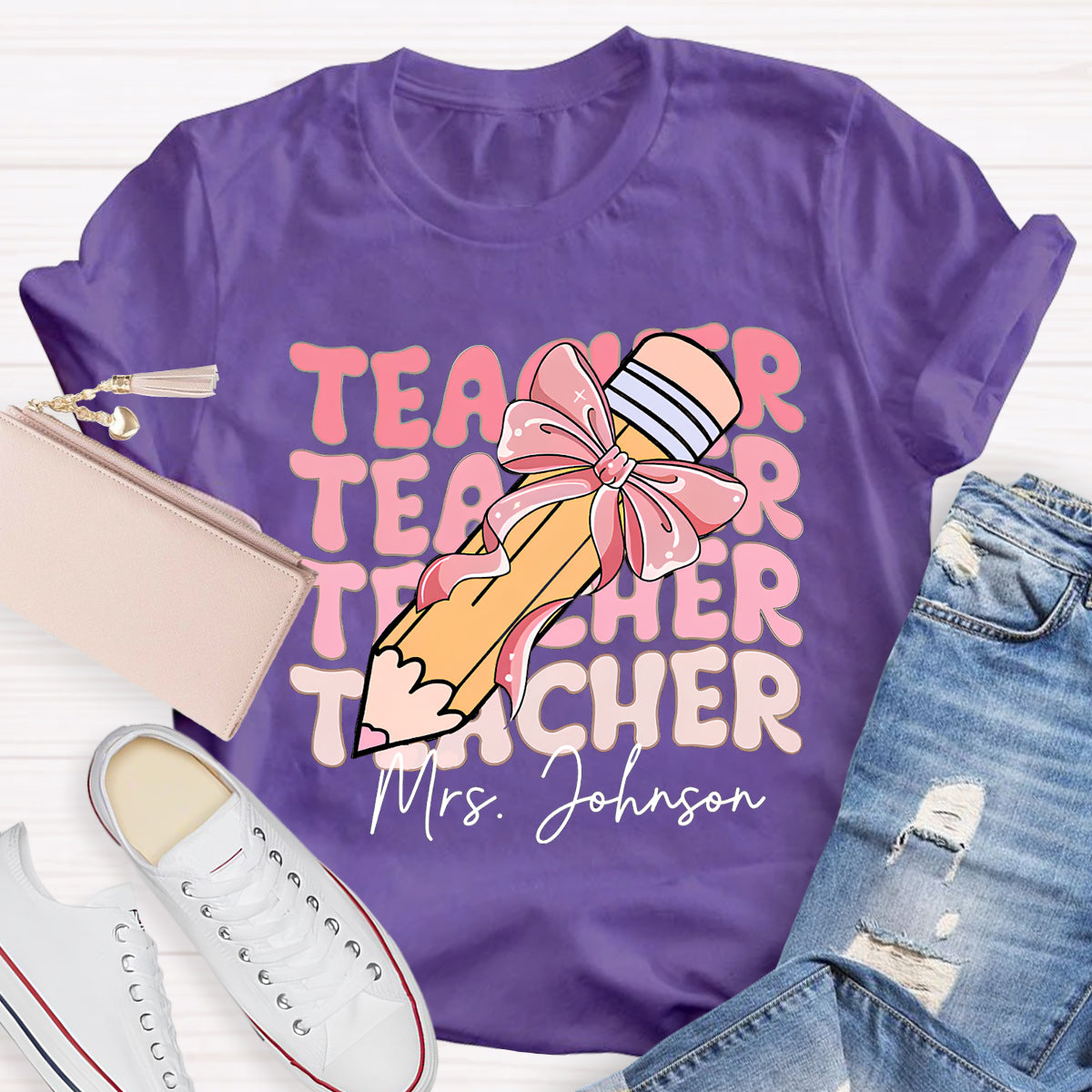 Personalized Name Pink Pencil Teacher Mrs Johnson T-Shirt