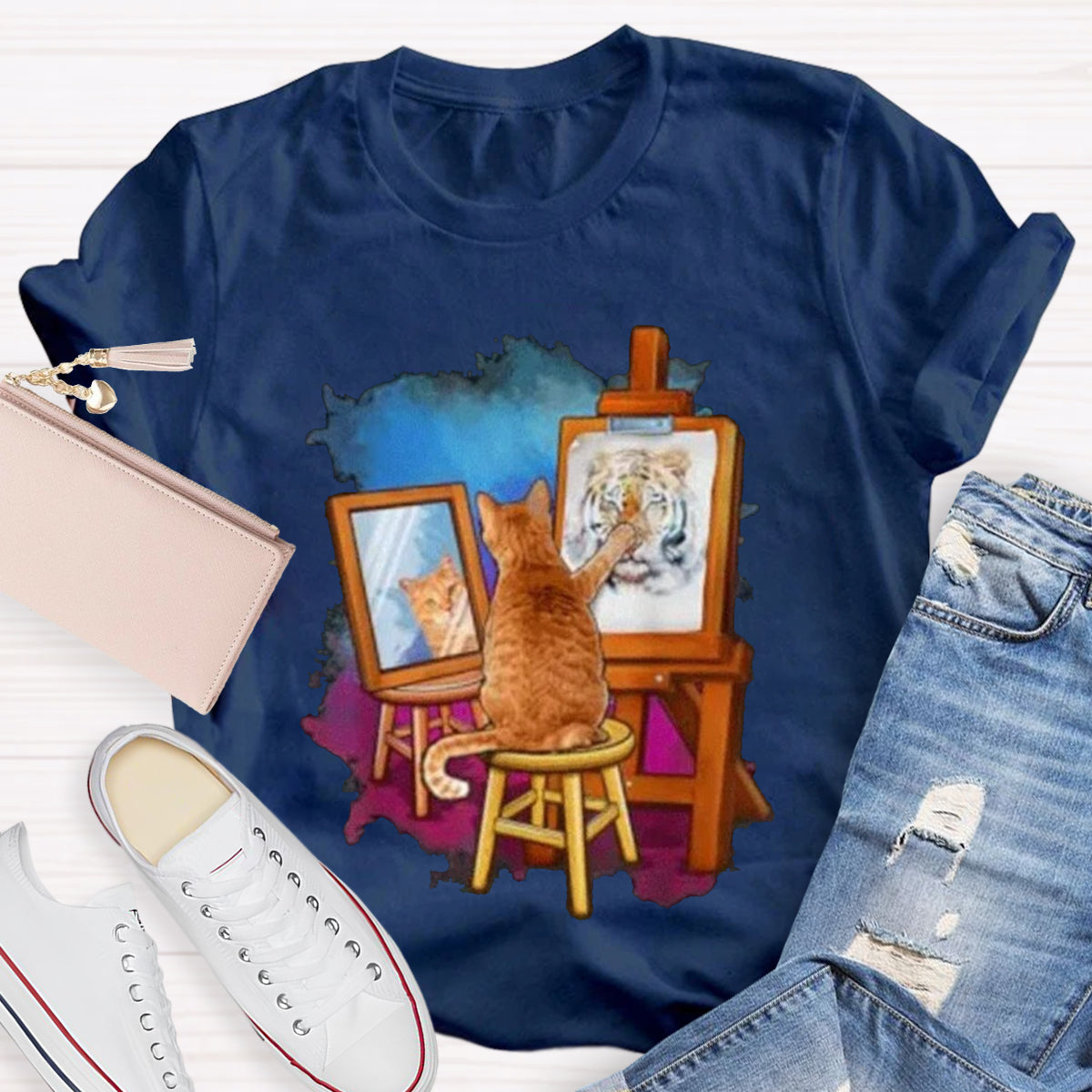 Funny Cat Painting Lion Teacher T-Shirt