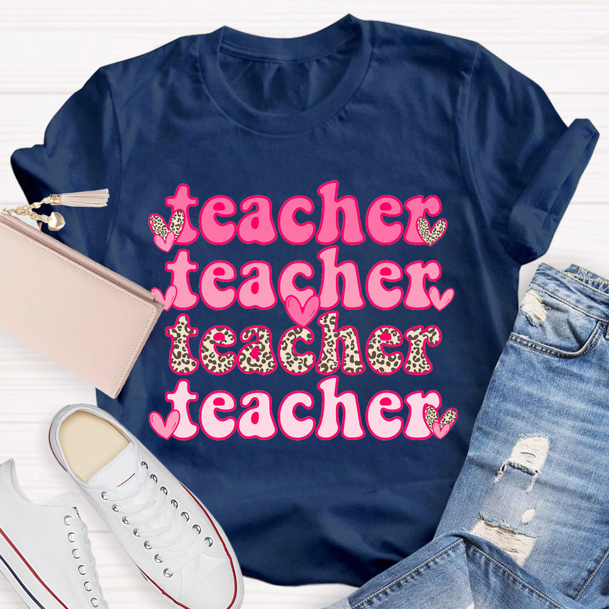 Valentine's Day Pink Leopard Teacher T-Shirt