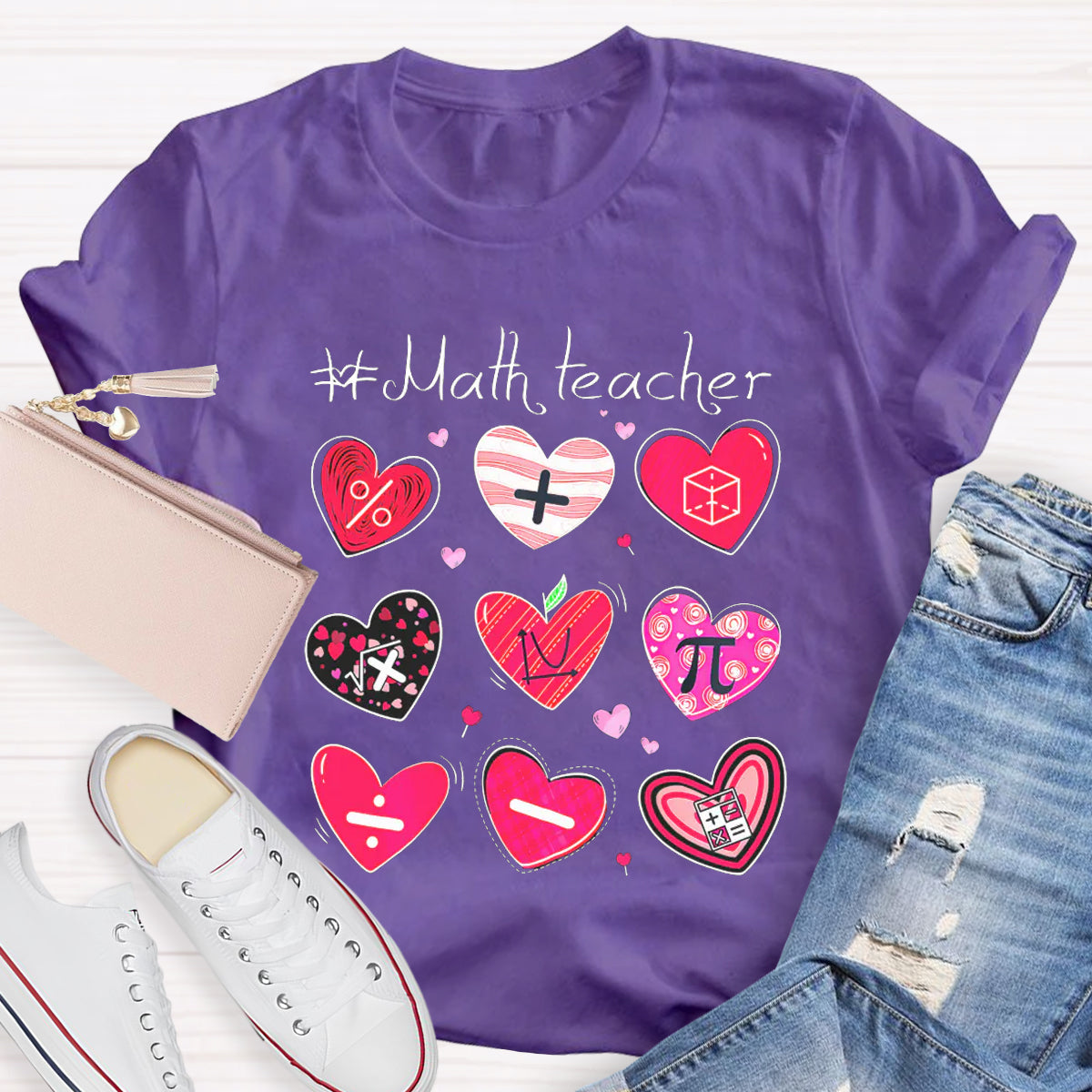 Red Heart Math Symbols Teacher T-Shirt