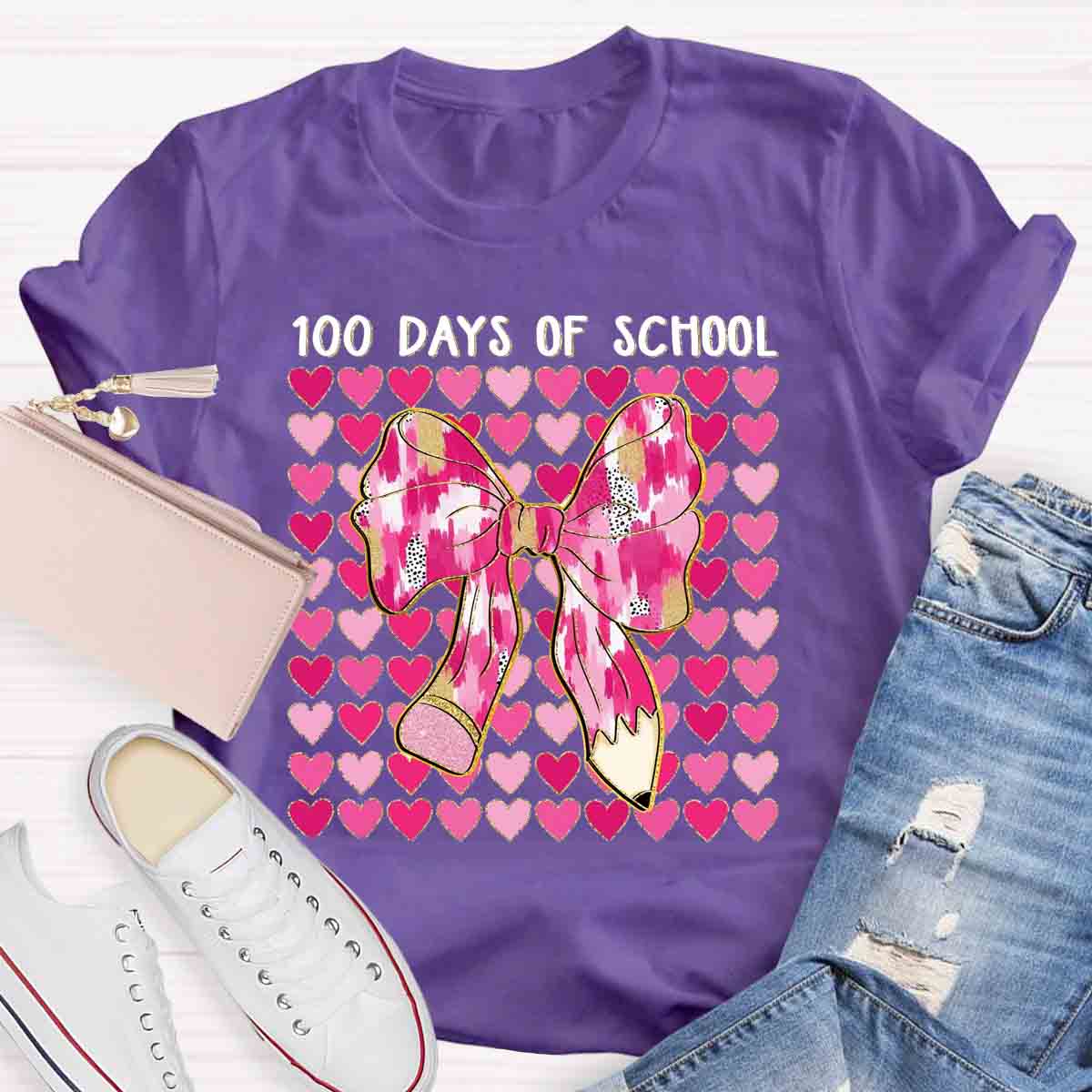 100 Days Of School Pink Heart Bow Teacher T-Shirt