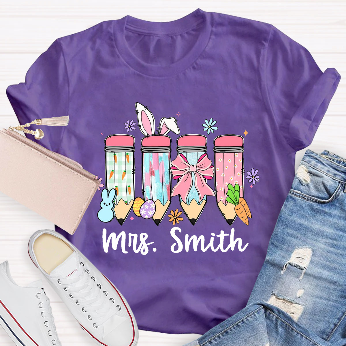 Personalized Name Easter Bunny Carrot Teacher T-Shirt